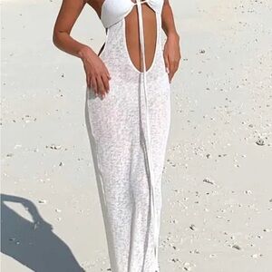 White Maxi Cutout Beach Dress - Sleeveless Tie Front